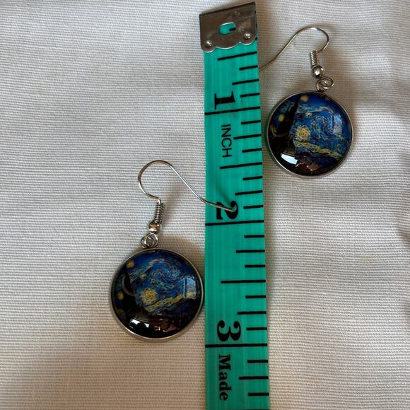Van Gogh Starry Night Round Glass Drop Earrings Silver Finishing NWT Boutique - Picture 5 of 5